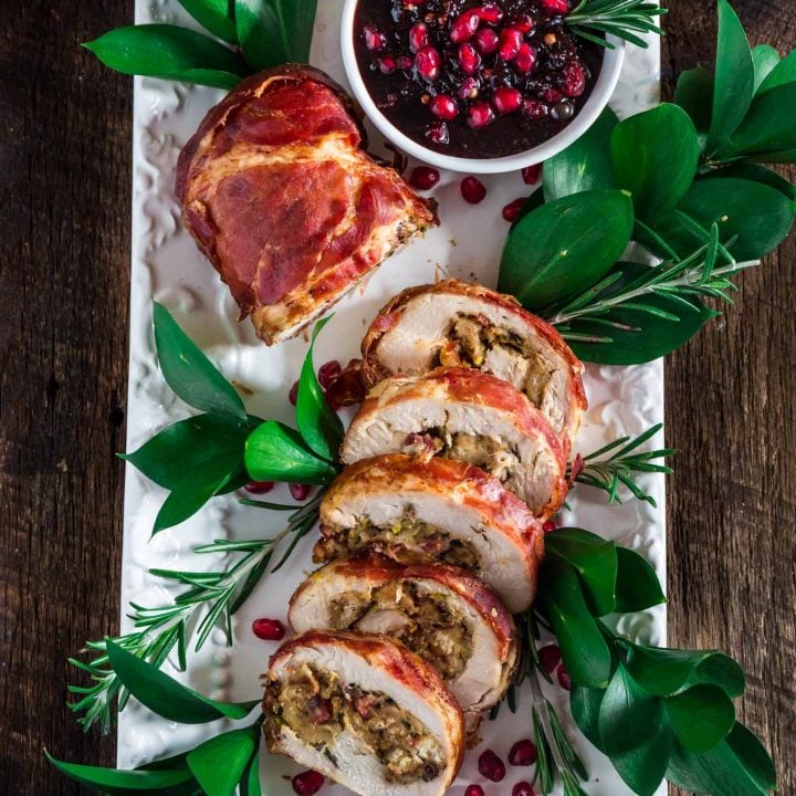 Prosciutto Wrapped Turkey Roulade with Pomegranate-Port Reduction Sauce