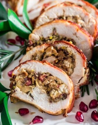 Prosciutto Wrapped Turkey Roulade with Pomegranate-Port Reduction Sauce