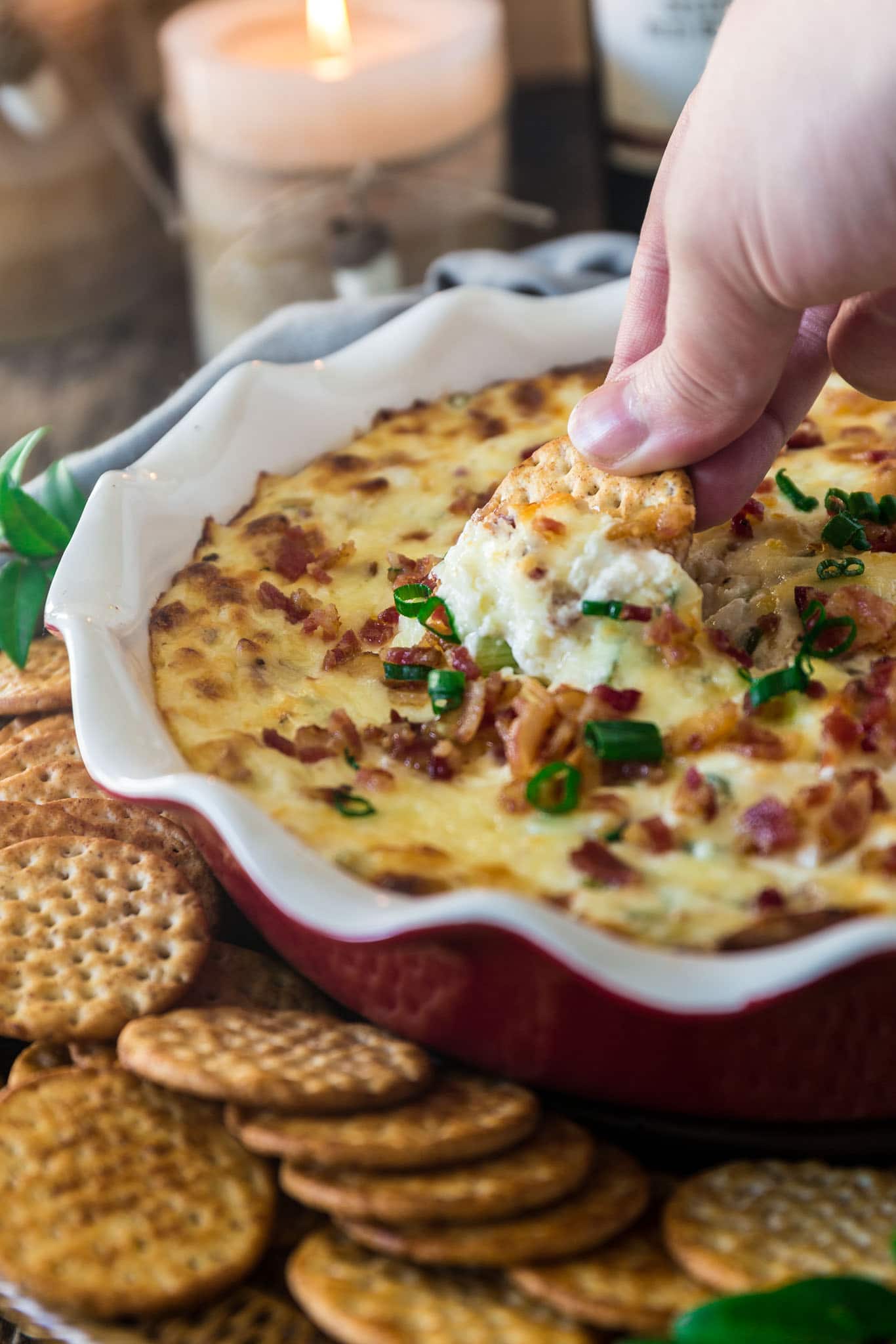 Hot Smoked Gouda Bacon Dip | www.oliviascuisine.com | Creamy, gooey and loaded with everyone's favorite ingredient, bacon, this Hot Smoked Gouda Bacon Dip is destined to be the star of your holiday party! Pair it with some good wine and you're on the road to success.