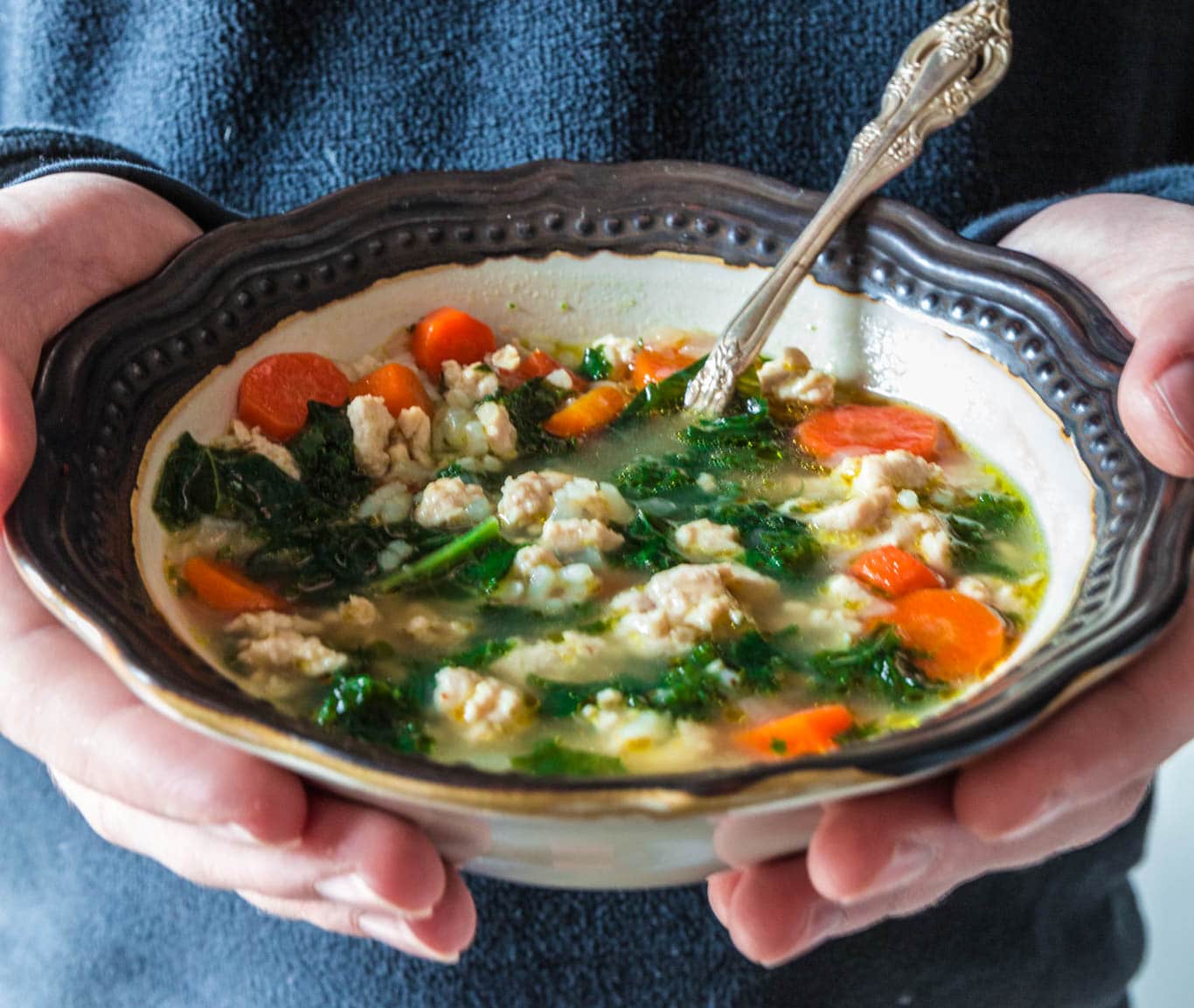 Turkey, Kale and Rice Soup | www.oliviascuisine.com | Nothing warms you up like a cozy bowl of Turkey, Kale and Rice Soup! Loaded with nutrients and low in fat, so you can stay true to your "eating healthy" New Year resolutions. (Sponsored by @JennieO.)