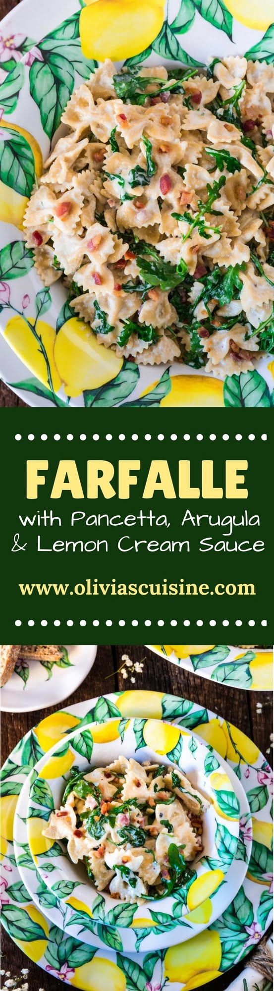 Farfalle with Pancetta, Arugula and Lemon Cream Sauce | www.oliviascuisine.com | A pasta dish that embodies all the things we love about spring and summer. Fresh, colorful and tied together with a lip smacking lemon cream sauce that is to die for! Featuring the beautiful Q Squared NYC's Limonata Collection. (Recipe by @oliviascuisine.)