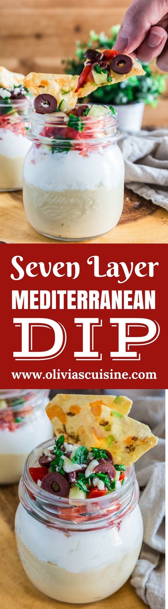 Seven Layer Mediterranean Dip | www.oliviascuisine.com | Light, healthy and perfect for entertaining during the warm weather, this Seven Layer Mediterranean Dip is filled with all the greek flavors we all love: hummus, Greek yogurt, veggies, feta and olives. I like to serve it in individual cups so it stays fresh and nobody needs to worry about double dippers! ? (Recipe by @oliviascuisine.)