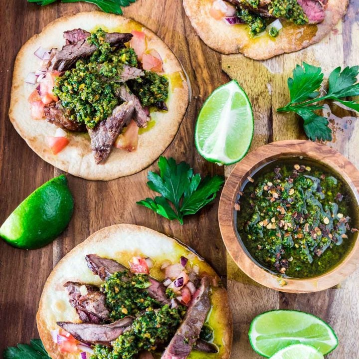 Carne Asada Tostadas with Pistachio Chimichurri