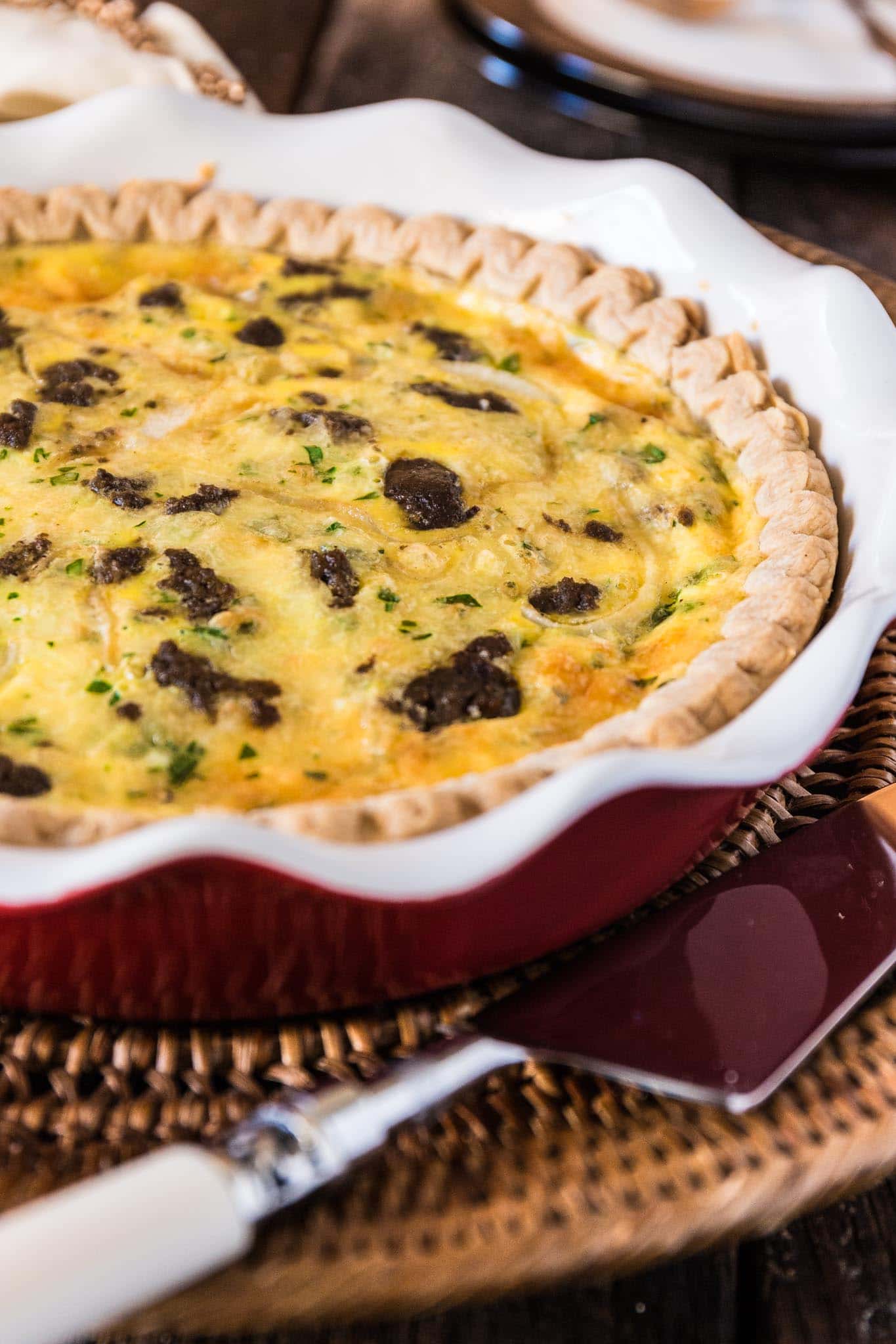 Turkey Sausage and Smoked Gouda Quiche | www.oliviascuisine.com | Easy and delicious, this Turkey Sausage and Smoked Gouda Quiche is the perfect dish for when you need to come up with something special for a last minute casual gathering, like breakfast or brunch with friends.