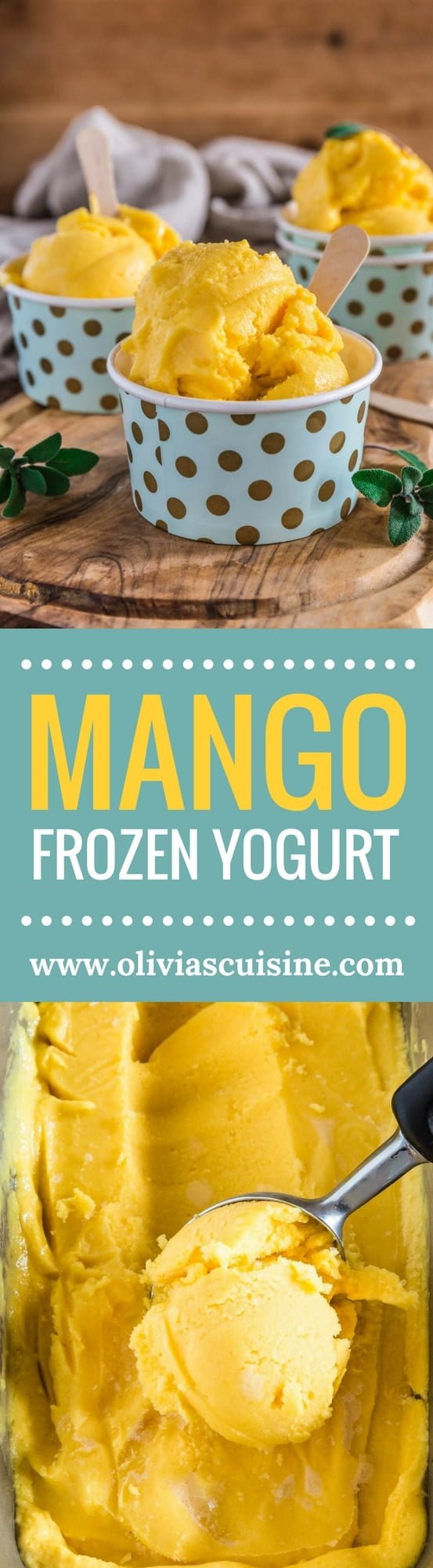 Mango Frozen Yogurt | www.oliviascuisine.com | Luscious, creamy and tangy, this Mango Frozen Yogurt is everything you need on a hot summer day! And the best part? No ice cream machine necessary! (Recipe by @oliviascuisine.)