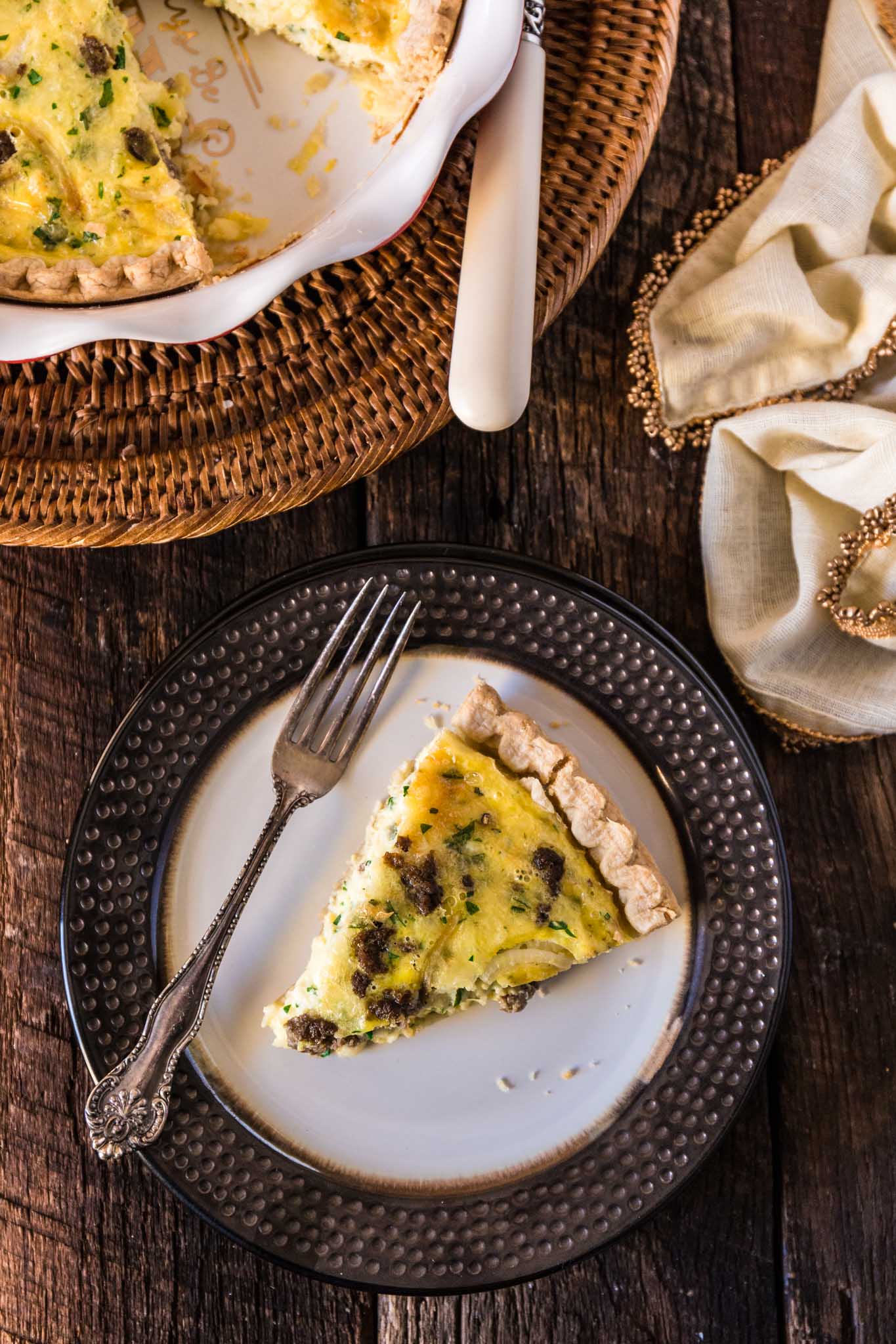 Turkey Sausage and Smoked Gouda Quiche | www.oliviascuisine.com | Easy and delicious, this Turkey Sausage and Smoked Gouda Quiche is the perfect dish for when you need to come up with something special for a last minute casual gathering, like breakfast or brunch with friends.