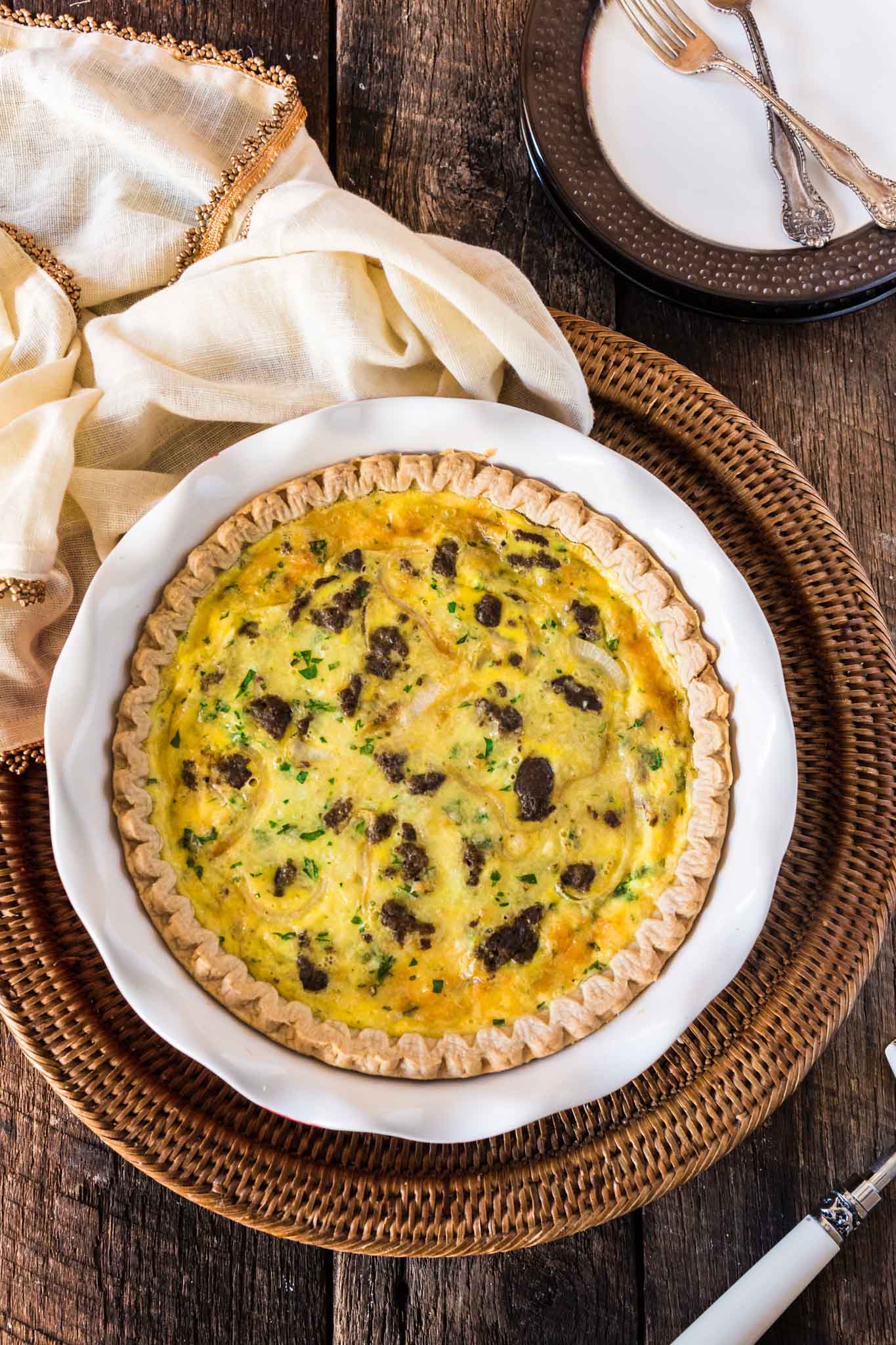 Turkey Sausage and Smoked Gouda Quiche | www.oliviascuisine.com | Easy and delicious, this Turkey Sausage and Smoked Gouda Quiche is the perfect dish for when you need to come up with something special for a last minute casual gathering, like breakfast or brunch with friends.