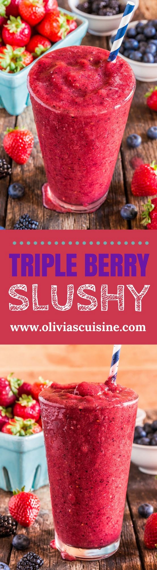 Triple Berry Slushy | www.oliviascuisine.com | Homemade, healthy and - wait for it! - sugar free, this Triple Berry Slushy will be your new summer obsession. Made with a handful of ingredients and summer bikini friendly! (Recipe by @oliviascuisine.)