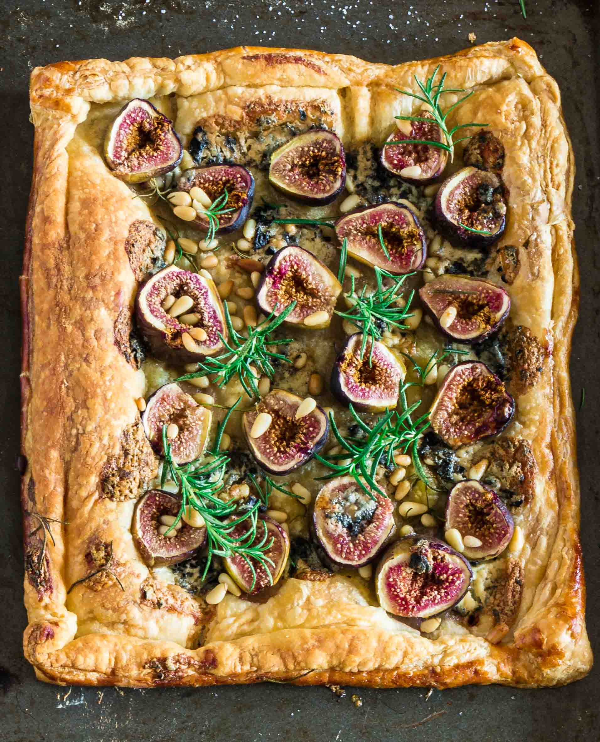 Blue Cheese Fig Tart | www.oliviascuisine.com | A delicious savory and sweet tart, made with blue cheese, fresh figs, rosemary, pine nuts, sea salt and a touch of honey. Serve it for brunch, as an appetizer and/or as a snack and be ready for your tastebuds to start dancing the can-can!
