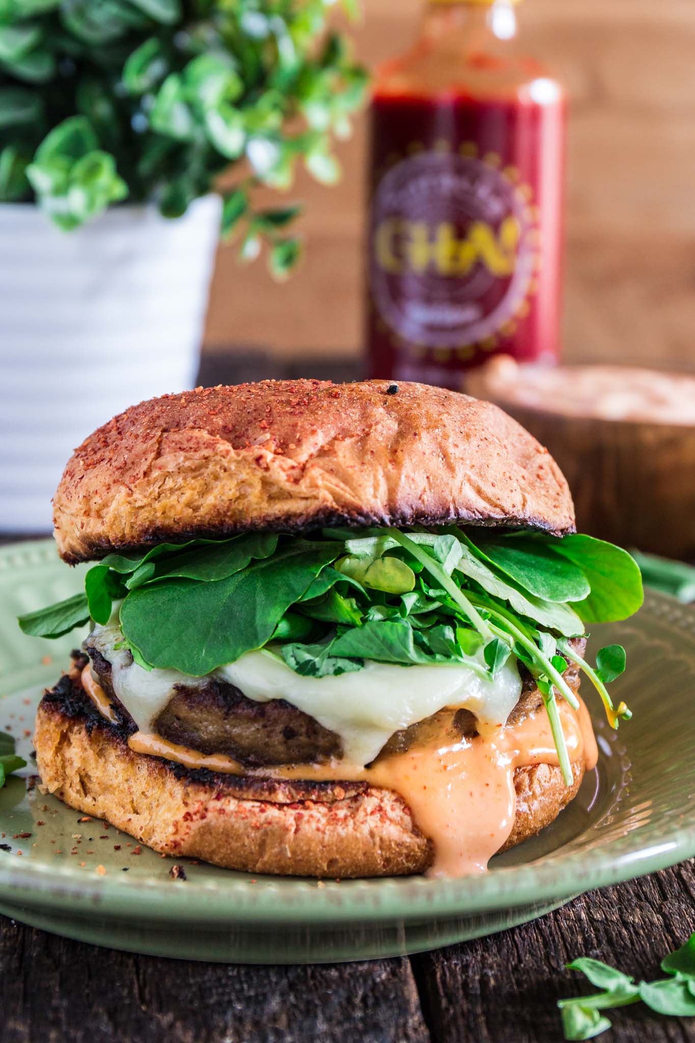 Sriracha Turkey Burger | www.oliviascuisine.com | A juicy Sriracha turkey burger topped with spicy and creamy Sriracha mayo, Swiss cheese and watercress! Who could resist that?