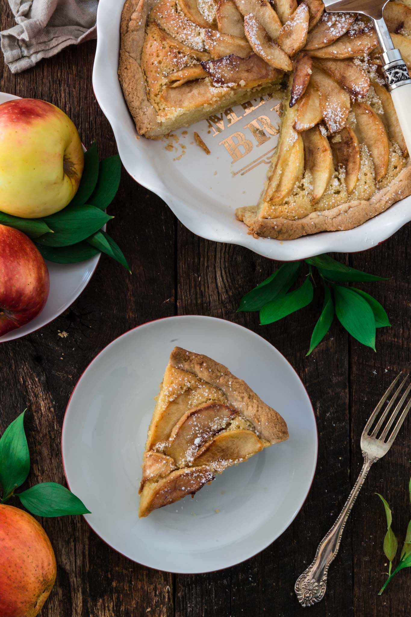 Almond Apple Pie | www.oliviascuisine.com | Inspired by the French Tarte Bourdaloue, this apple version consists of traditional almond cream topped with browned/caramelized apple slices. If you're tired of the old classic apple pie, give this a try. You won't regret it! (Recipe and food photography by @oliviascuisine.)