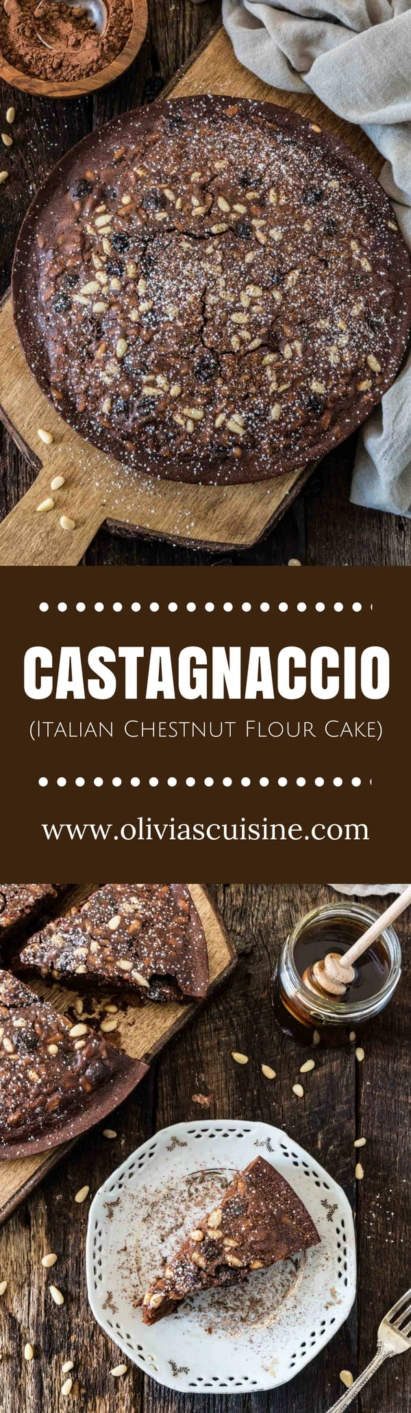 Castagnaccio Pugliese (Chestnut Flour Cake) | www.oliviascuisine.com | An Italian autumnal classic, the Castagnaccio is a gluten-free cake made of chestnut flour, olive oil, dried fruits and nuts. Served with a cup of espresso (or wine) and a drizzle of honey, it is the perfect treat on a cold afternoon.