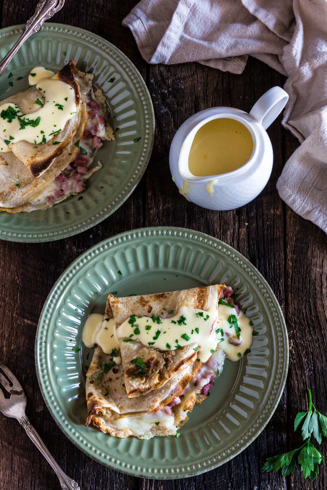 Ham and Cheese Savory Crepes with Hollandaise Sauce | www.oliviascuisine.com | These Ham and Cheese Savory Crepes are beyond fantastic, easy to make and will take breakfast (or brunch) to a whole new level. #AD