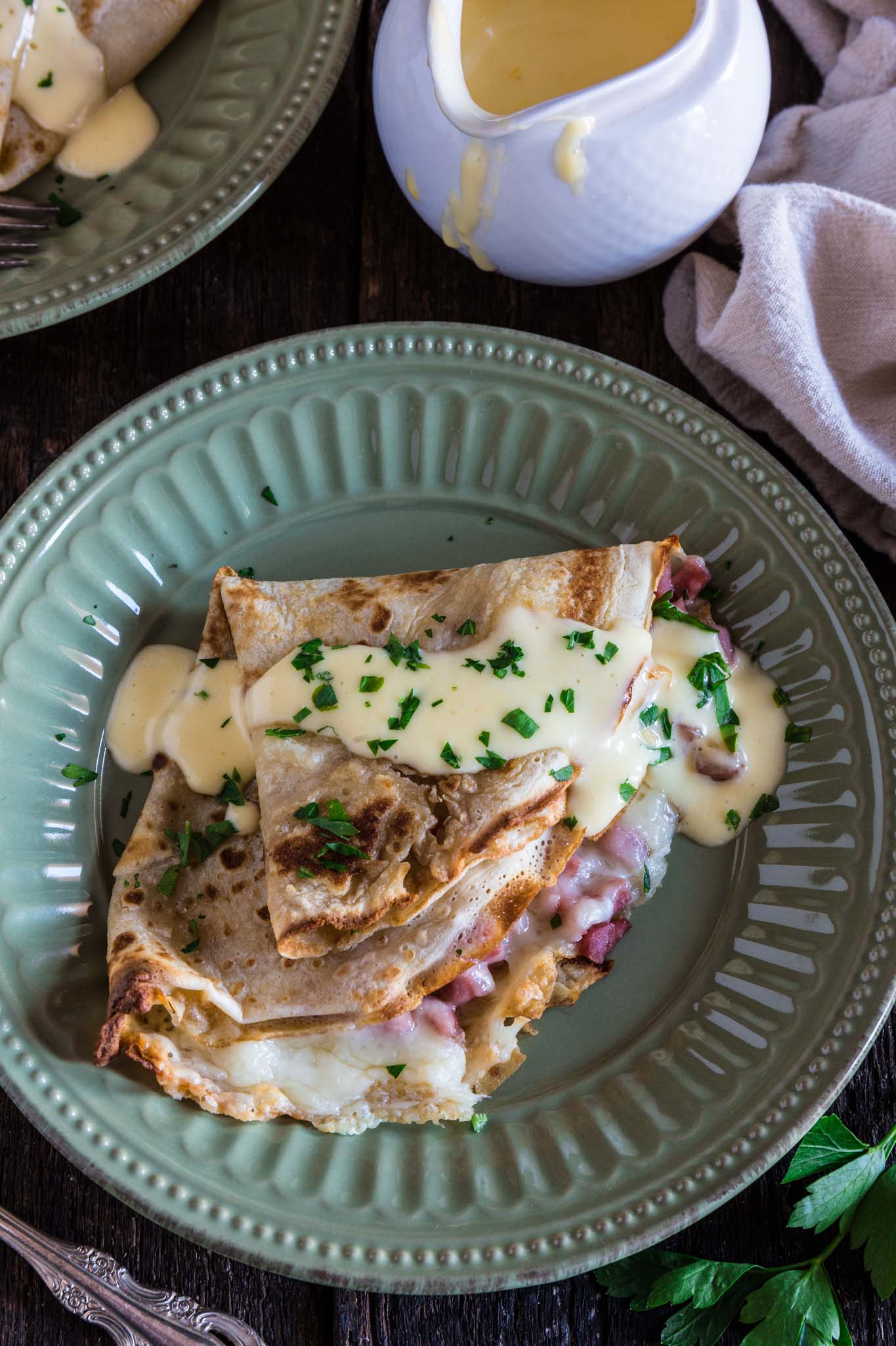 Ham and Cheese Savory Crepes with Hollandaise Sauce | www.oliviascuisine.com | These Ham and Cheese Savory Crepes are beyond fantastic, easy to make and will take breakfast (or brunch) to a whole new level. #AD