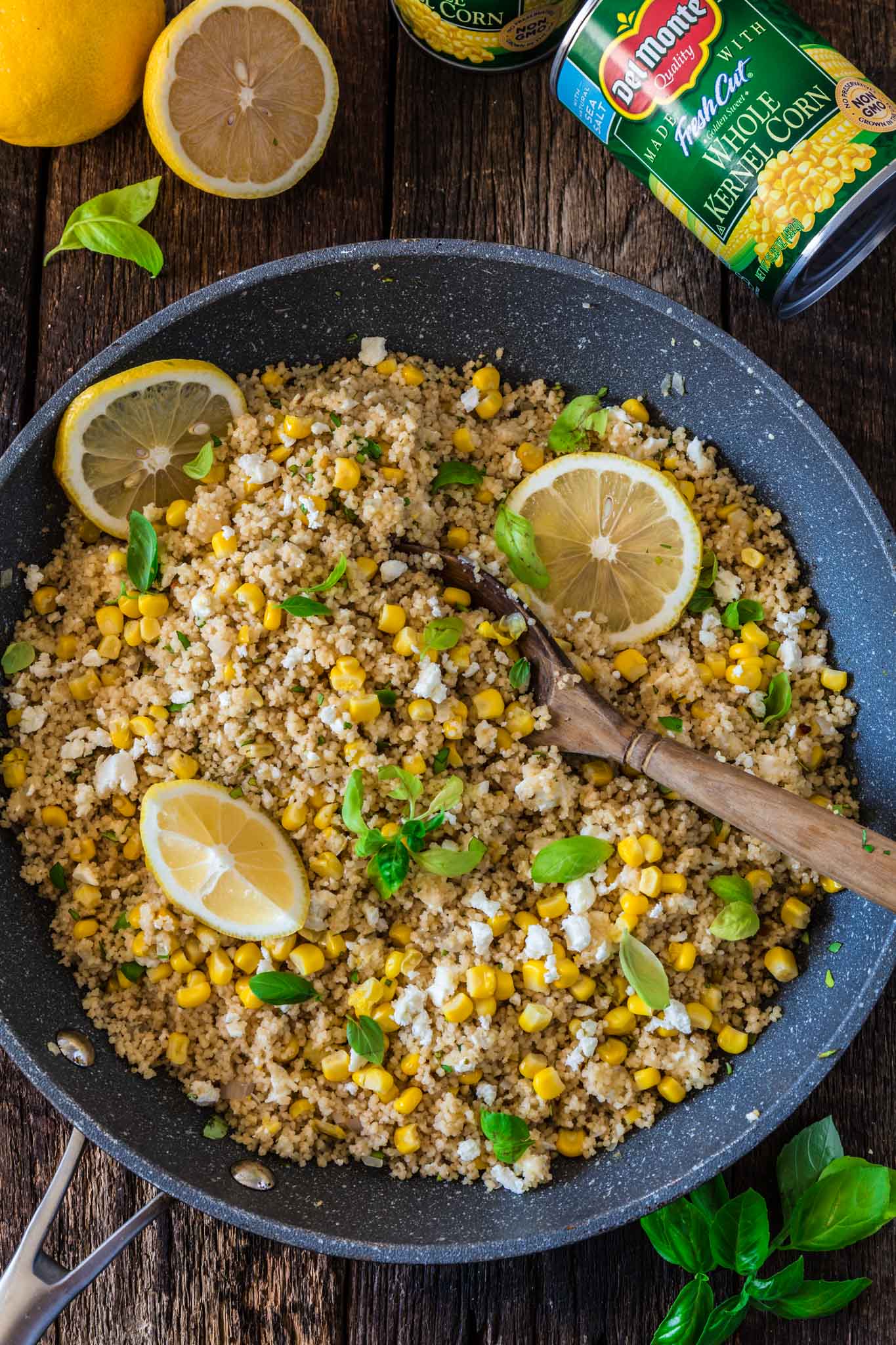 Corn Couscous with Basil, Feta and Lemon | www.oliviascuisine.com | This simple dish, packed with Mediterranean flavors, consists of only 7 main ingredients and is done in about 5 minutes. Serve it warm as a side dish, or cold as a salad. (Recipe and food photography by @oliviascuisine.)