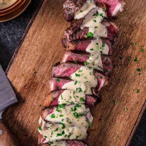 Pan Seared New York Strip Steak with Gorgonzola Cream Sauce - Olivia's