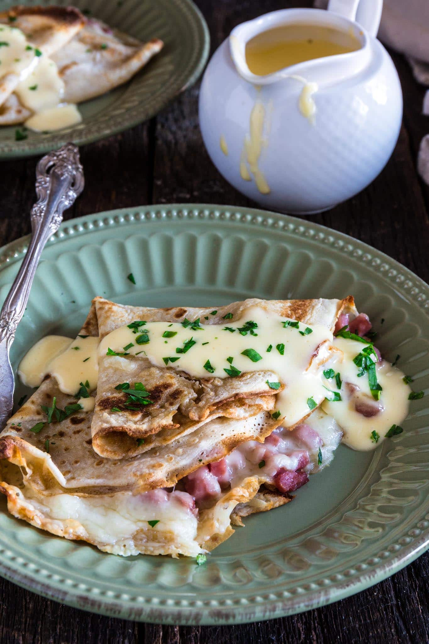 Ham and Cheese Savory Crepes with Hollandaise Sauce | www.oliviascuisine.com | These Ham and Cheese Savory Crepes are beyond fantastic, easy to make and will take breakfast (or brunch) to a whole new level. #AD