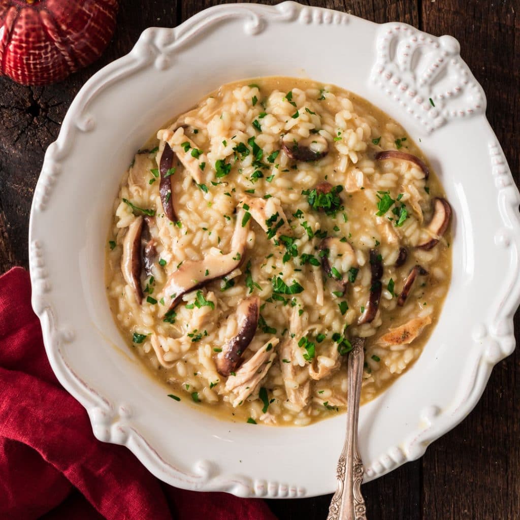 Mushroom and Turkey Risotto | www.oliviascuisine.com | Hosting an intimate, low key Thanksgiving/Friendsgiving? Ditch the whole bird for this elegant Mushroom and Turkey Risotto instead. Also great as a way to use day-after leftovers. (Recipe and food photography by @oliviascuisine.)