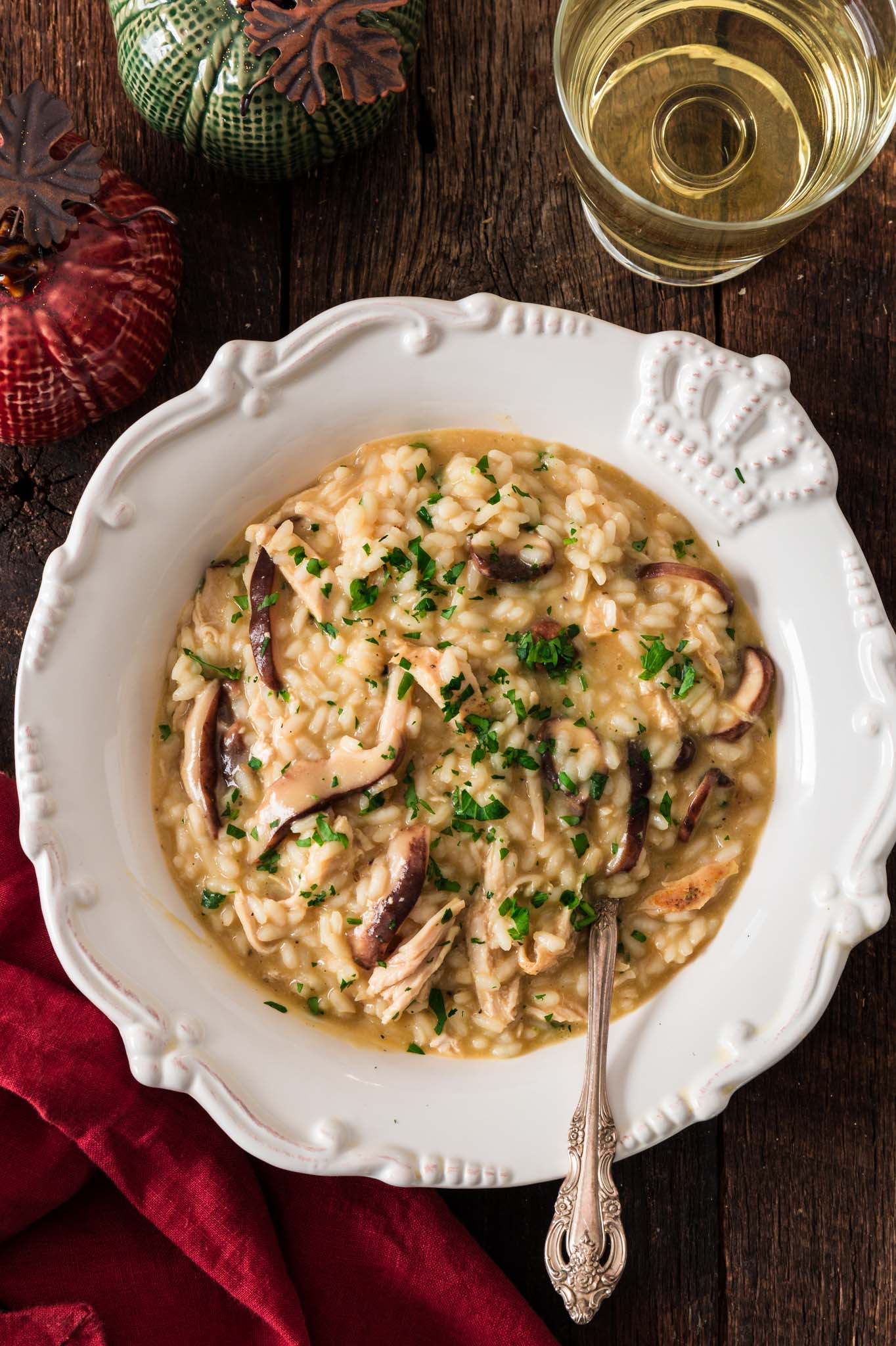 Mushroom and Turkey Risotto | www.oliviascuisine.com | Hosting an intimate, low key Thanksgiving/Friendsgiving? Ditch the whole bird for this elegant Mushroom and Turkey Risotto instead. Also great as a way to use day-after leftovers. (Recipe and food photography by @oliviascuisine.)