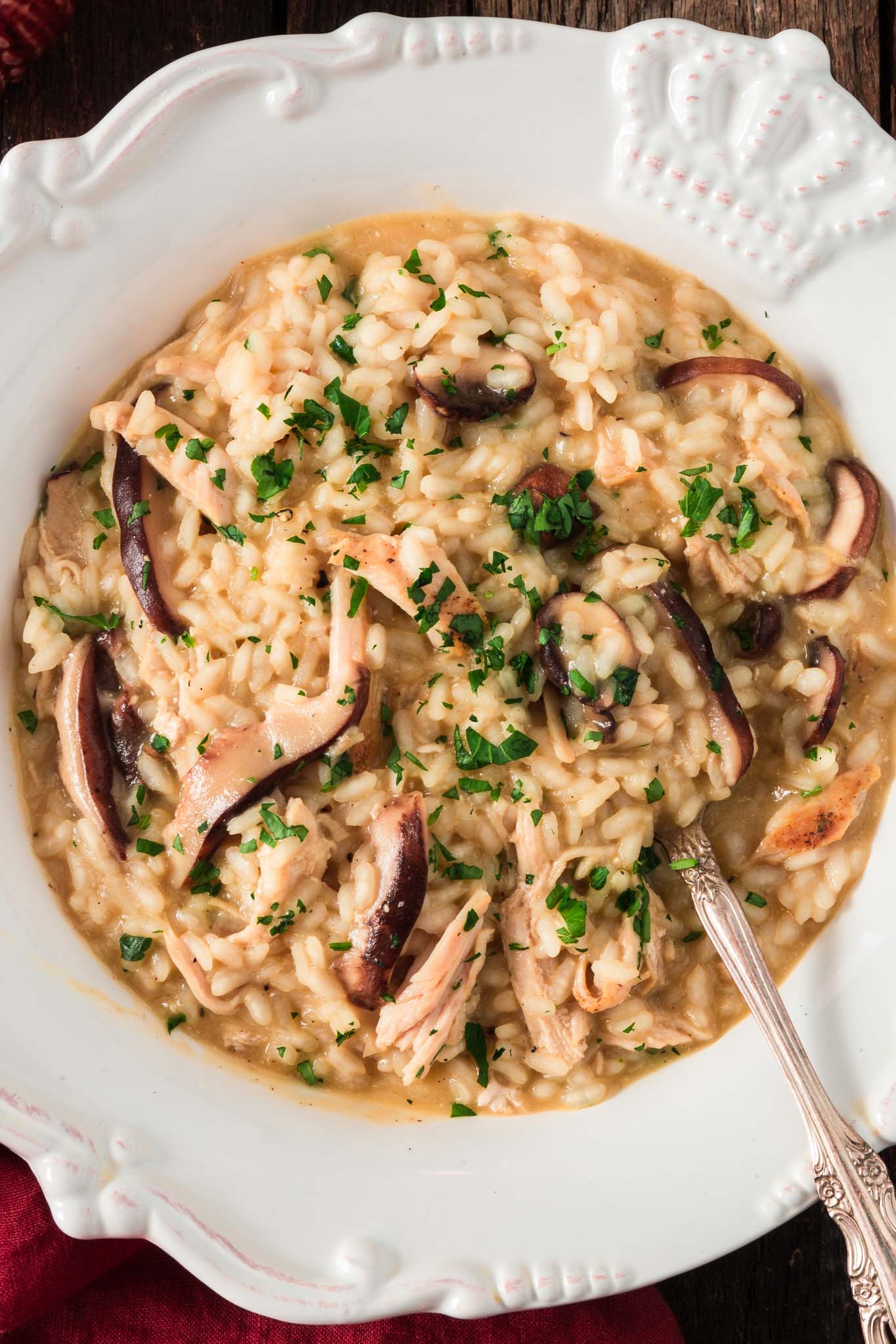 Mushroom and Turkey Risotto | www.oliviascuisine.com | Hosting an intimate, low key Thanksgiving/Friendsgiving? Ditch the whole bird for this elegant Mushroom and Turkey Risotto instead. Also great as a way to use day-after leftovers. (Recipe and food photography by @oliviascuisine.)