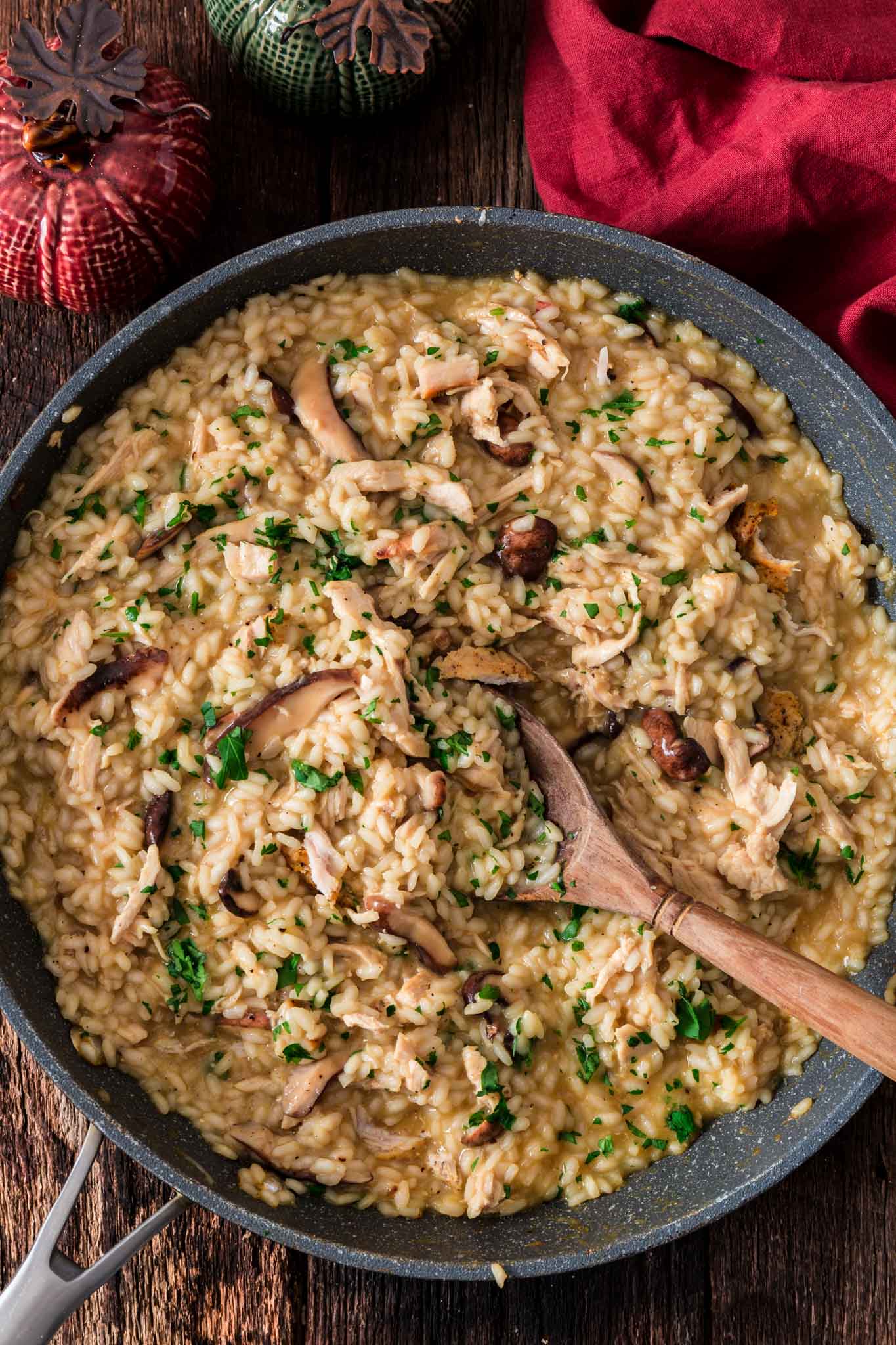 Mushroom and Turkey Risotto | www.oliviascuisine.com | Hosting an intimate, low key Thanksgiving/Friendsgiving? Ditch the whole bird for this elegant Mushroom and Turkey Risotto instead. Also great as a way to use day-after leftovers. (Recipe and food photography by @oliviascuisine.)