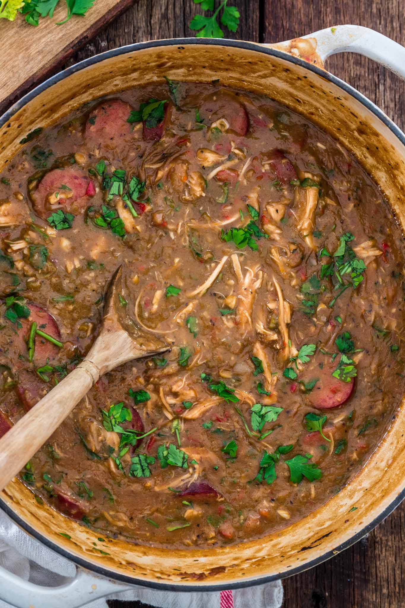 a pot of leftover turkey gumbo