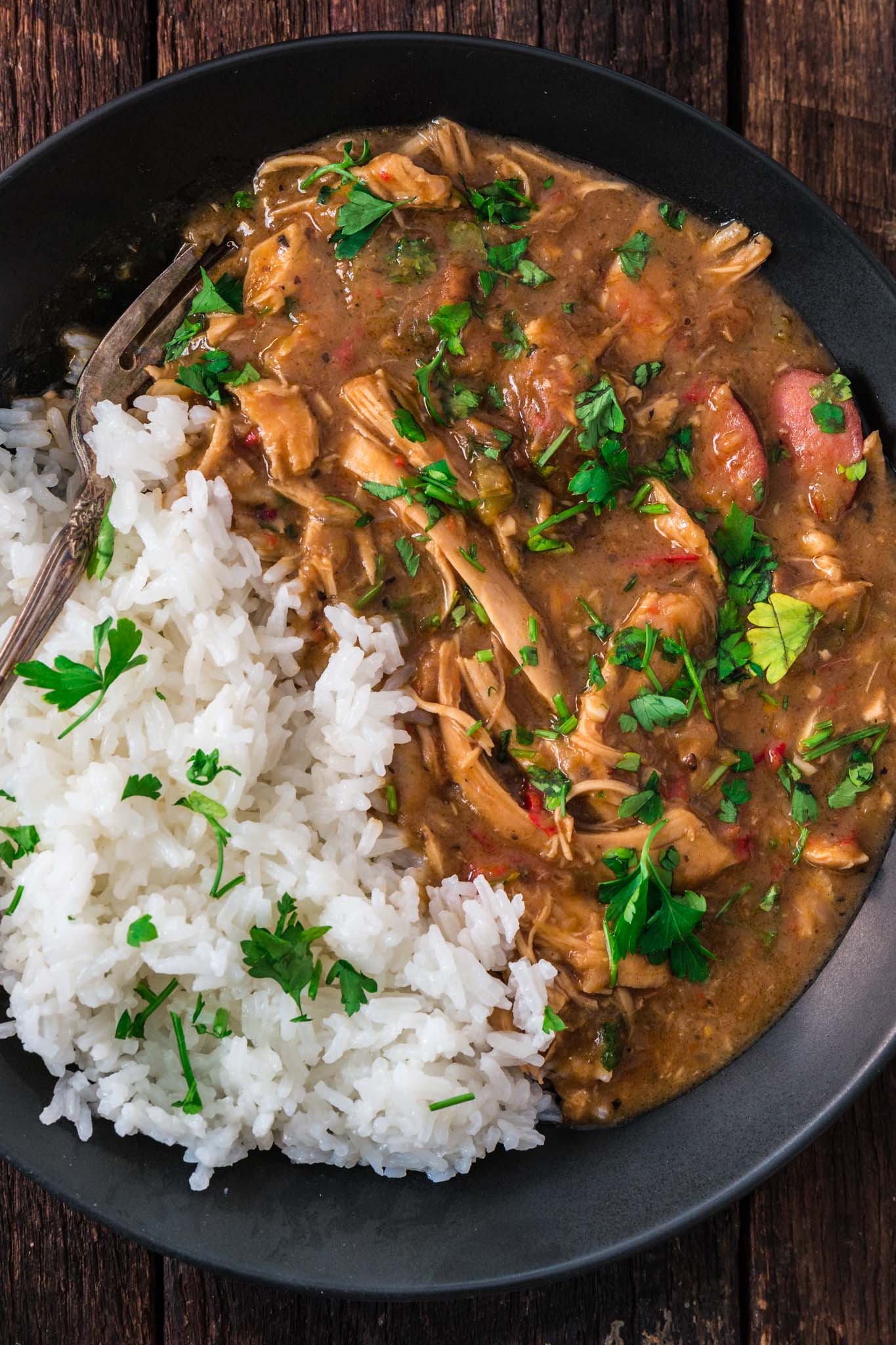 close up shot of turkey and sausage gumbo