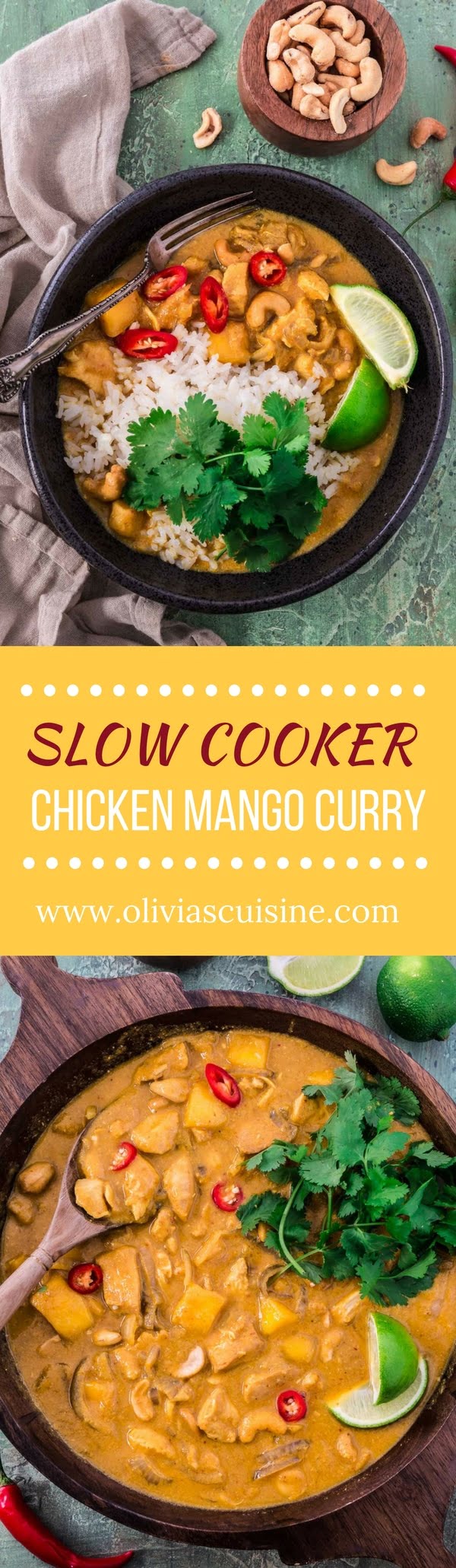 Slow Cooker Chicken Mango Curry | www.oliviascuisine.com | Warm up your body and soul with a bowl of this delicious Slow Cooker Chicken Mango Curry. With just 5 minutes of prep, it will bring happiness to those busy winter days! (Recipe and food photography by @oliviascuisine.)