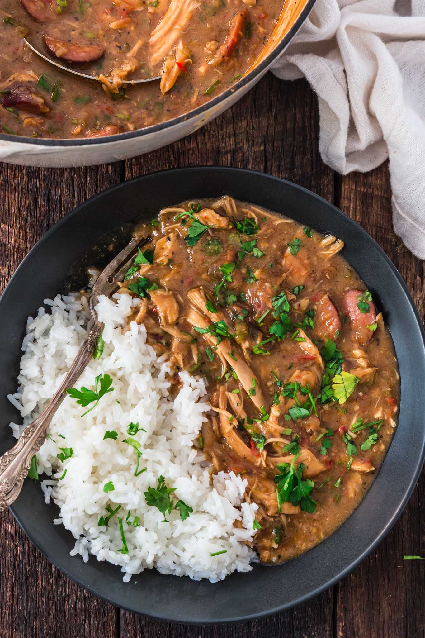 a bowl of comforting turkey and sausage gumbo