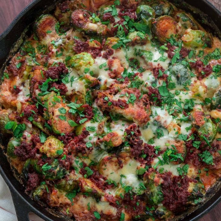 Cheesy Brussels Sprouts with Chorizo