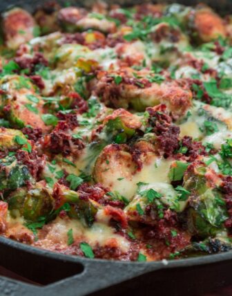 Cheesy Brussels Sprouts with Chorizo