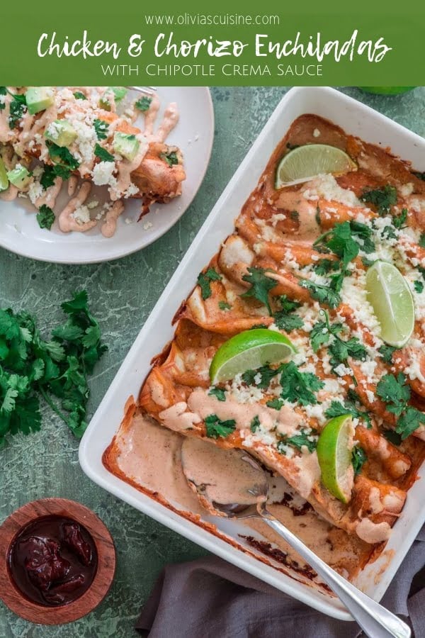 Chicken and Chorizo Enchiladas with Chipotle Crema Sauce | www.oliviascuisine.com | If you like it hot, these Chicken and Chorizo Enchiladas are for you! Spicy, delicious, and smothered with the creamiest Chipotle Crema Sauce. They will knock your socks off! (Recipe and food photography by @oliviascuisine.)