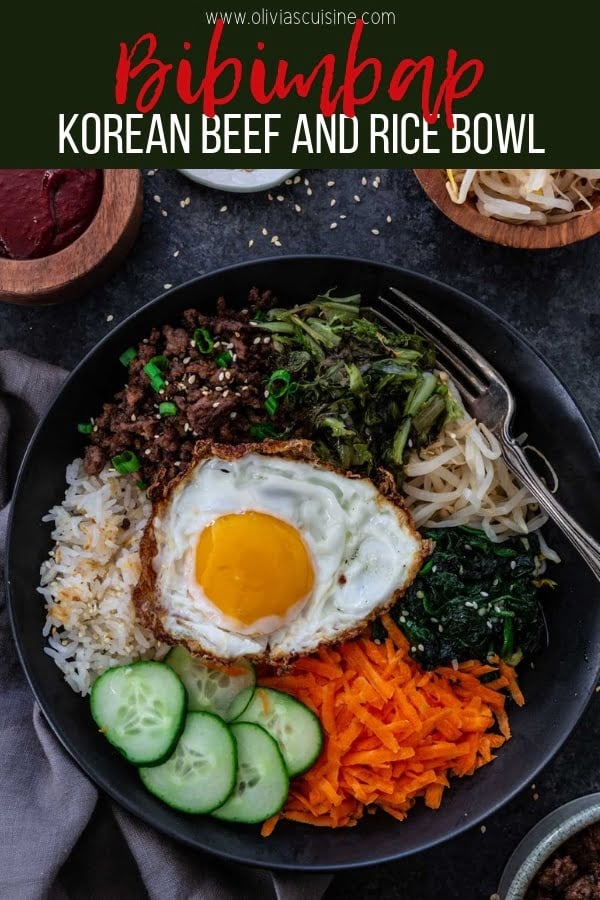 Bibimbap (Korean Beef Rice Bowl) | www.oliviascuisine.com | My version of Bibimbap, a popular Korean rice dish, takes a few shortcuts for convenience! The good news is that it’s done in less than 30 minutes without compromising flavor. Serve with a fried egg on top for that extra wow factor! (Recipe and food photography by @oliviascuisine.)
