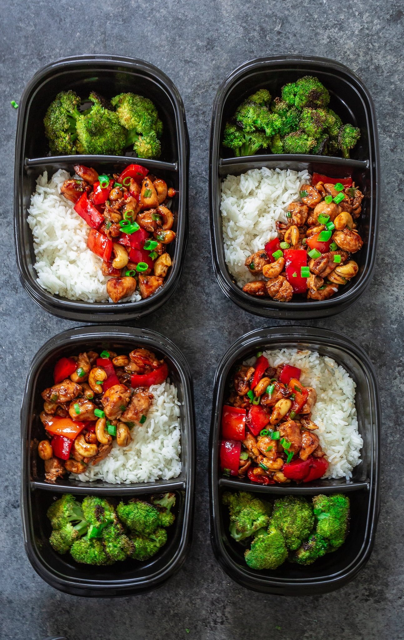 Meal Prep Cashew Chicken | www.oliviascuisine.com | Who needs takeout when you can cook delicious Cashew Chicken at home? Tender chicken, scallions and peppers coated in a rich, sweet sauce and topped with crunchy cashews. I can't get enough of it! (Recipe and food photography by @oliviascuisine.)