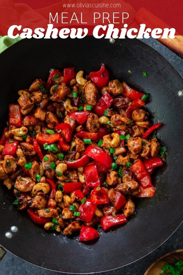 Meal Prep Cashew Chicken | www.oliviascuisine.com | Who needs takeout when you can cook delicious Cashew Chicken at home? Tender chicken, scallions and peppers coated in a rich, sweet sauce and topped with crunchy cashews. I can't get enough of it! (Recipe and food photography by @oliviascuisine.)