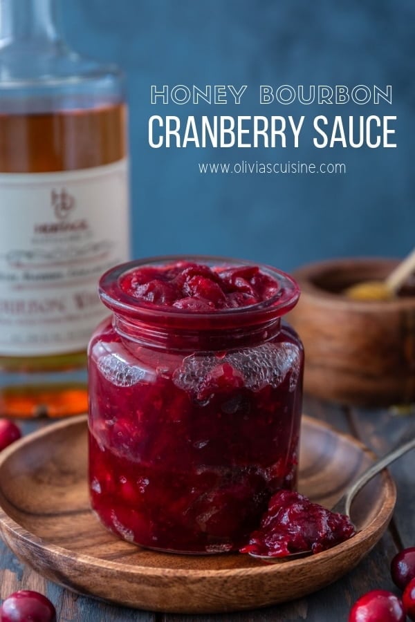 Honey Bourbon Cranberry Sauce | www.oliviascuisine.com | This Honey Bourbon Cranberry Sauce might steal the show this Thanksgiving! Sweet, tart, chunky and so easy to make. You will never buy the canned stuff again! (Recipe and food photography by @oliviascuisine.)