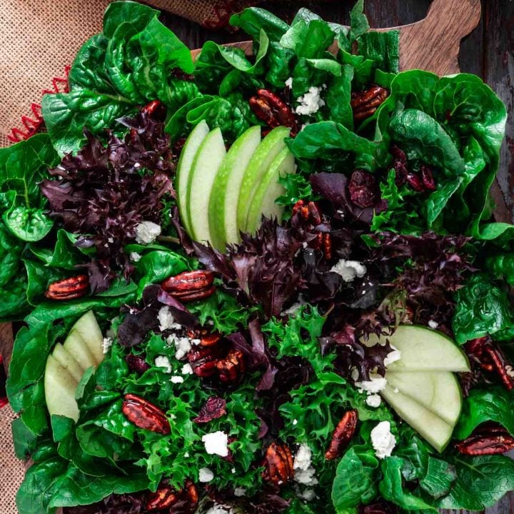 Winter Salad with Apples, Spiced Candied Pecans, Cranberries and Goat Cheese