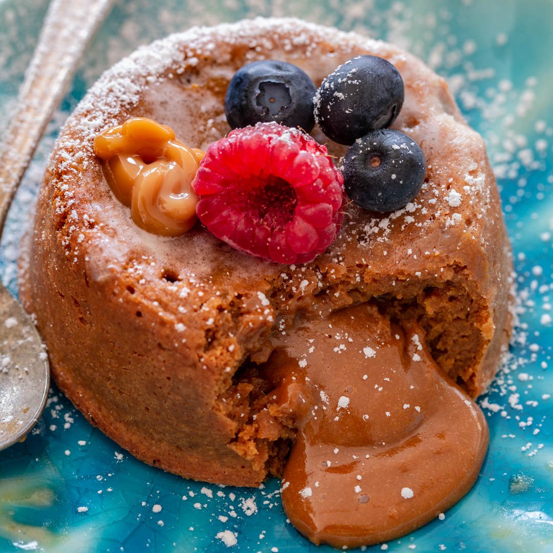 Dulce de Leche oozing out of a lava cake.