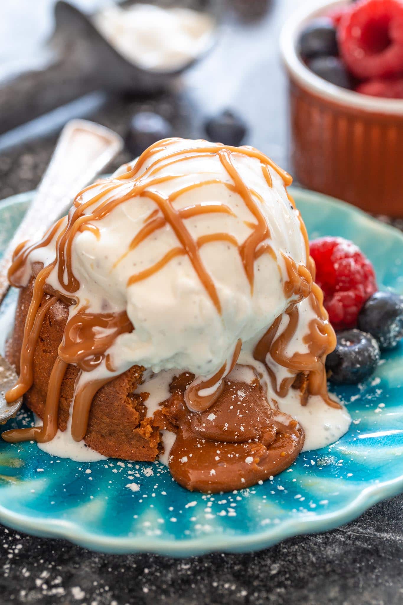 Dulce de Leche Molten Cake topped with vanilla ice cream