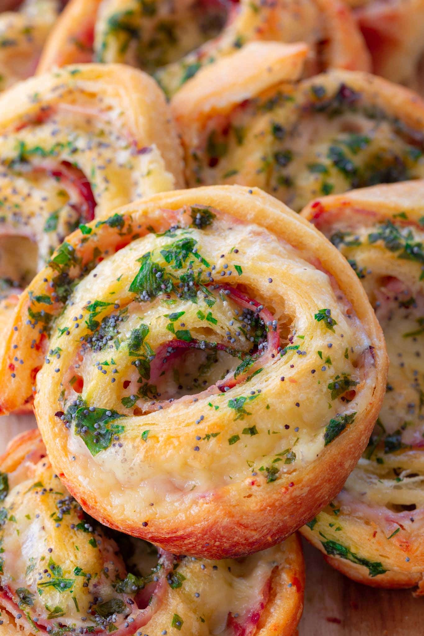 Closeup of a ham and cheese pinwheel