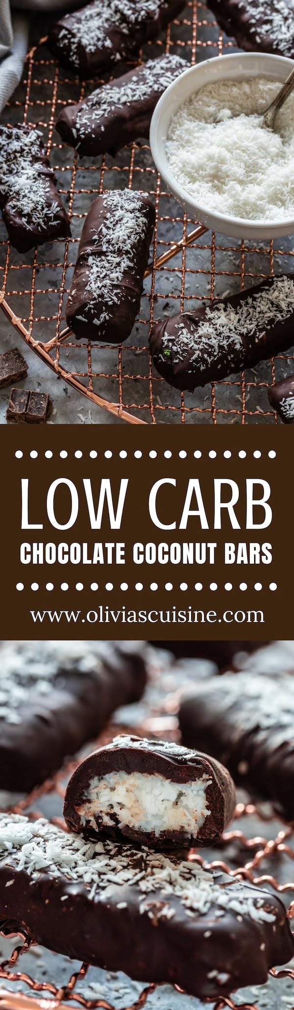 A collage of photos of low carb chocolate coconut bars