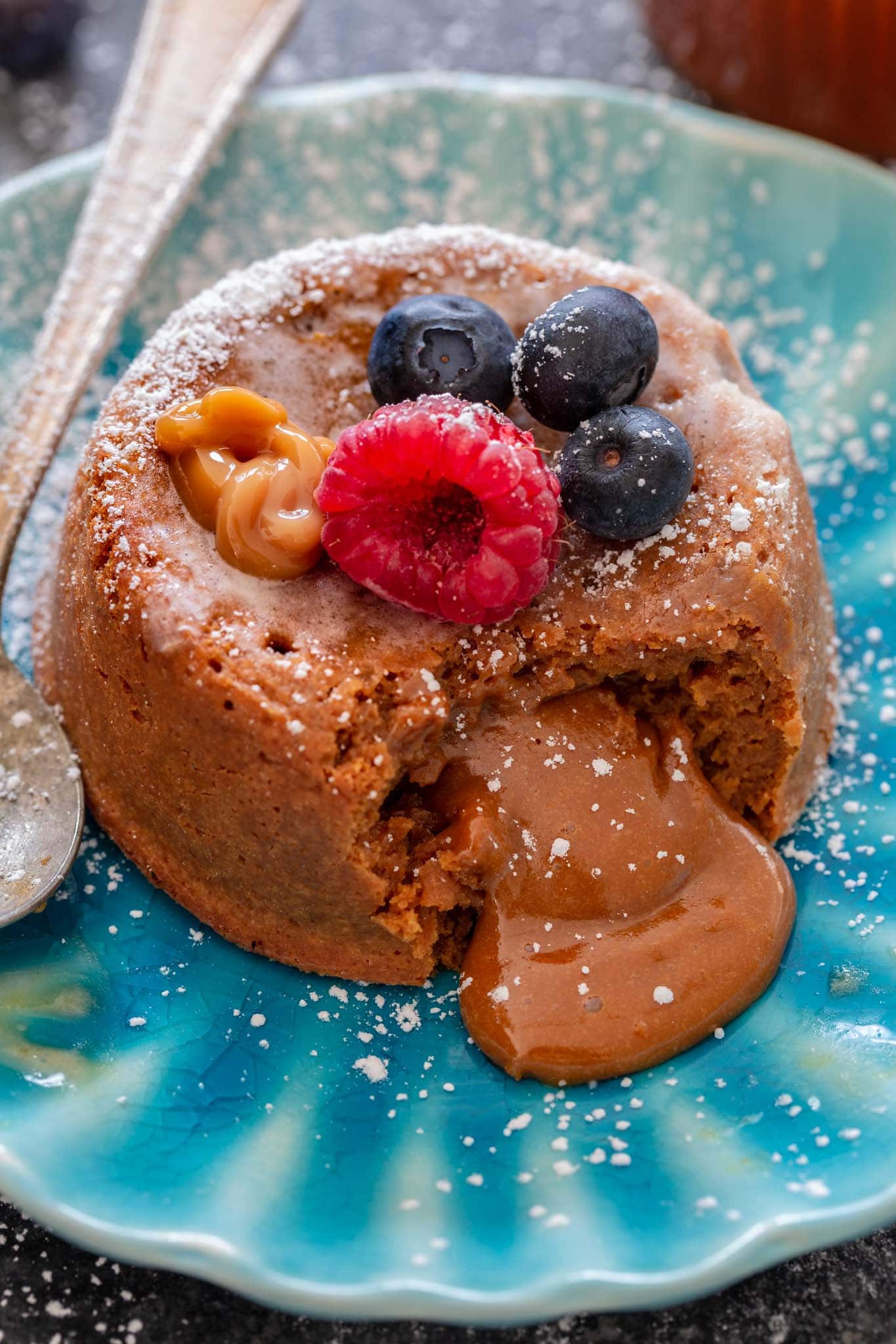 Dulce de Leche oozing out of a lava cake.