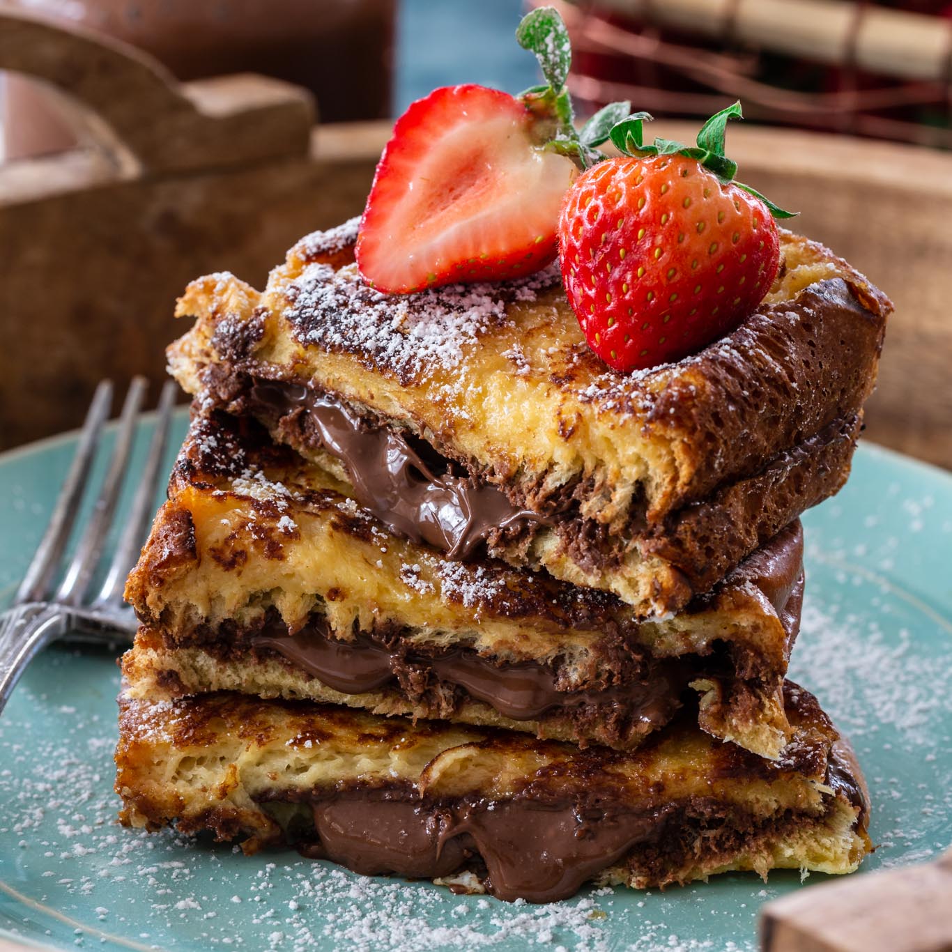 A closeup of Nutella French toast.