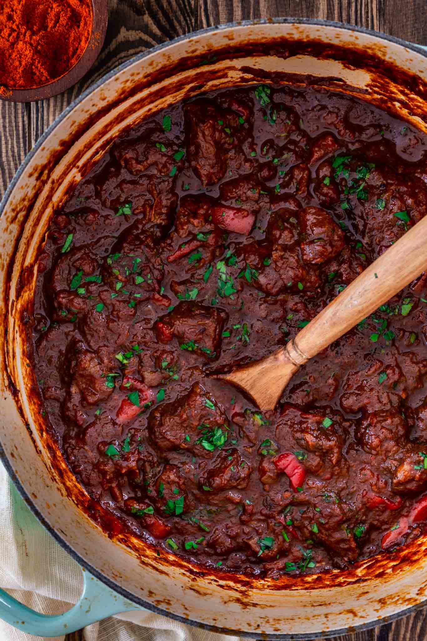 A pot of Porkolt beef stew