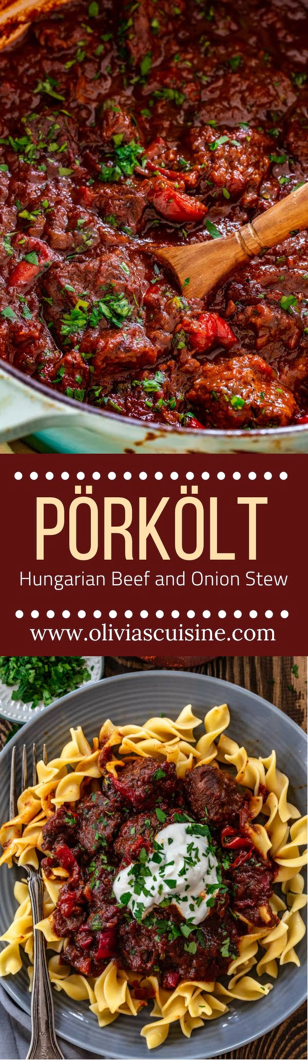 A collage of Porkolt beef stew photos
