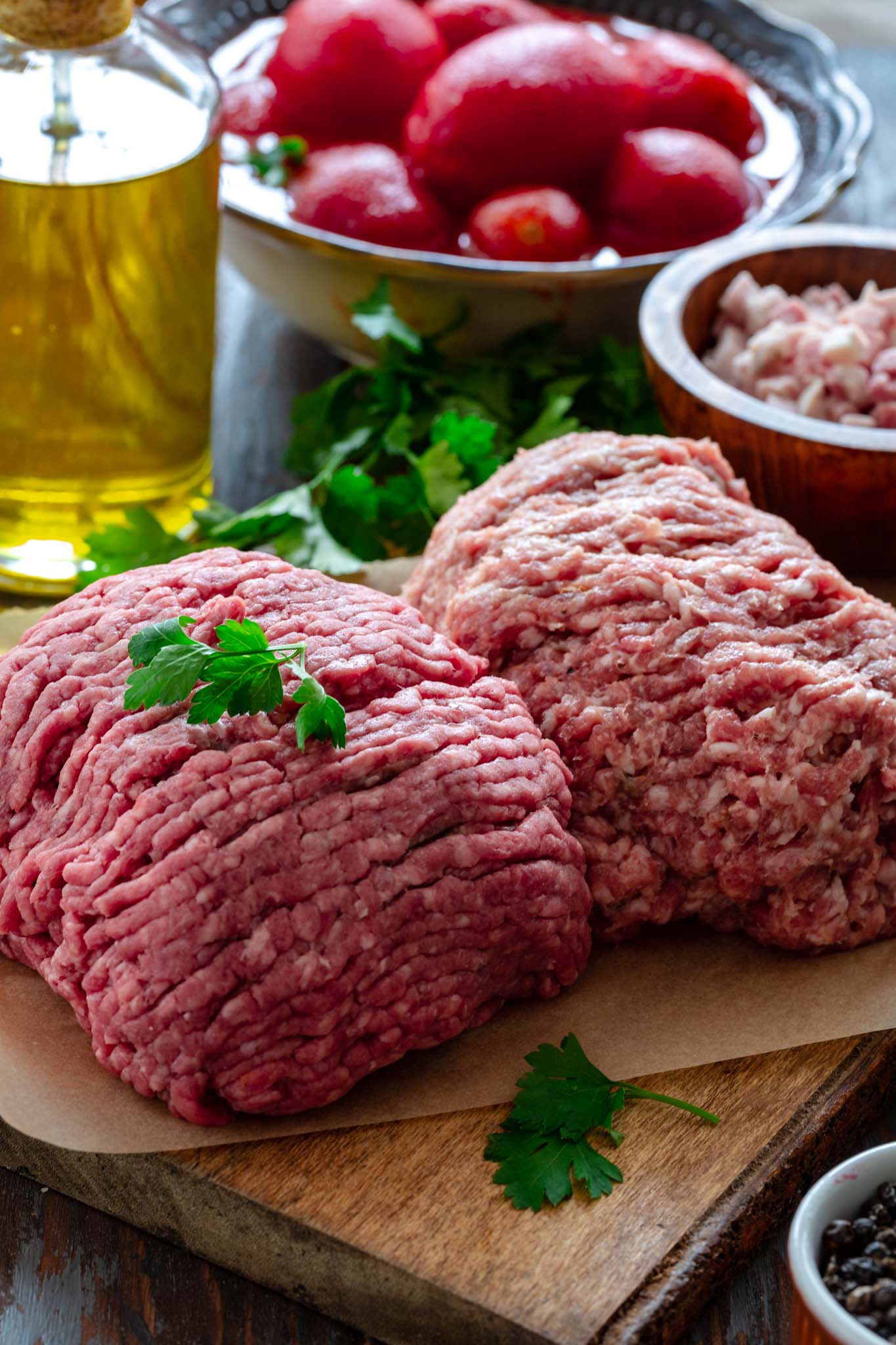 Ground meat for Bolognese Sauce: beef and pork.