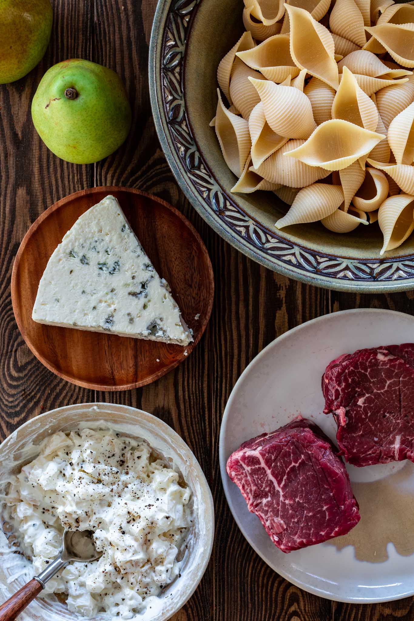 Ingredients to make Pan Seared filet mignon with conchiglioni gratin.