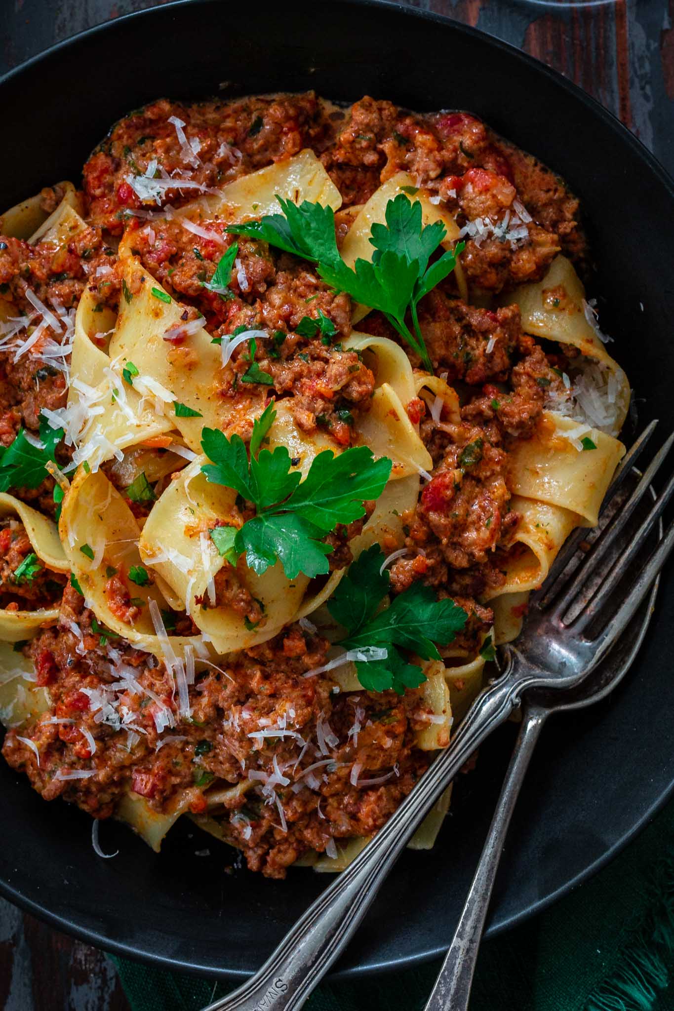 A plate of pappardelle all bolognese