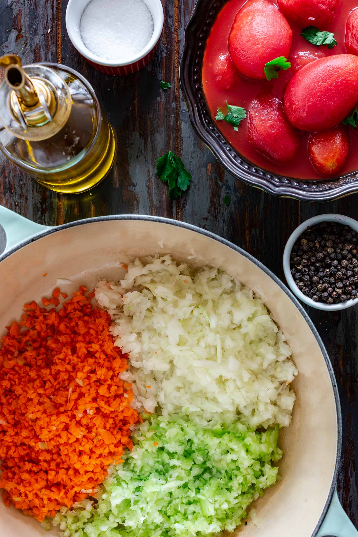 Ingredients for Italian Soffritto - carrots, onions and celery