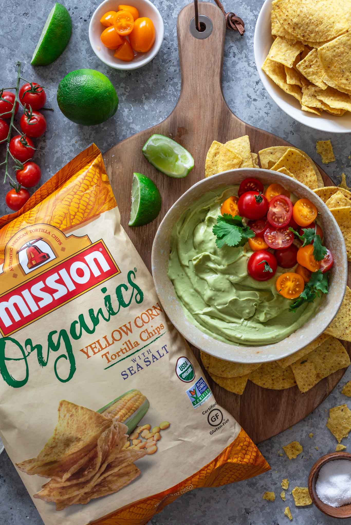 Creamy avocado dip served with Mission Tortilla Chips.